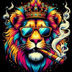 Regal Cool Lion: Crowned Beast with Sunglasses and Cigar