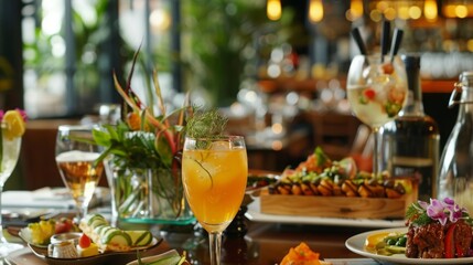 Fototapeta premium Delicious gourmet cuisine served with exquisite beverages in an elegant dining restaurant setting. Experience fine dining with a variety of culinary delights, carefully prepared and beautifully presen