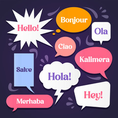 Different shapes of speech bubbles stickers with greetings words in different languages.
