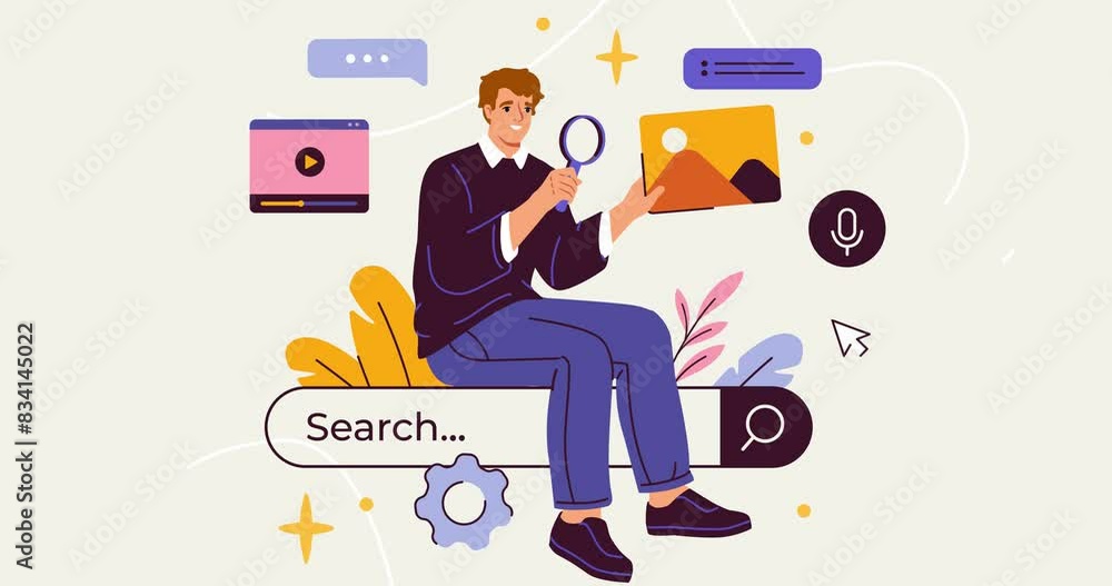 Poster search on internet. moving banner with happy man sitting on search bar and browsing online informati