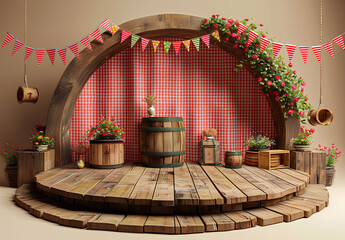 Palco 3d realista com bandeirinha para expor produtos de festa junina