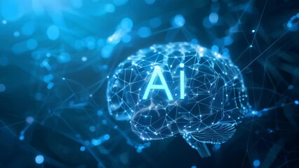 blue brain with AI text in futuristic setting, representing artificial intelligence and technology, technology, data science and innovation web internet businesses