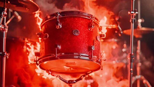 A blazing red drum set consumed by fiery flames set against a stark black background.