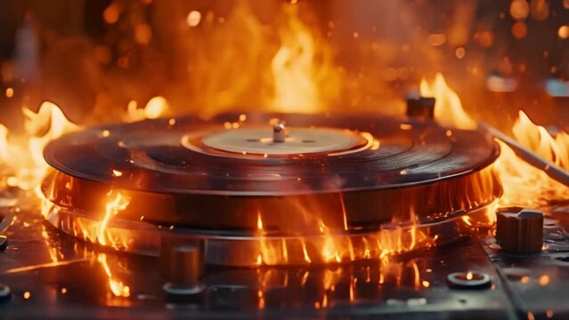 Close up of a record player on fire, flames consuming the turntable and vinyl, creating a dangerous and destructive scene.