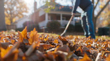 Close up of a man raking leaves into a neat pile in his backyard, showing an outdoor home yard cleaning concept with a blurred house in the background
