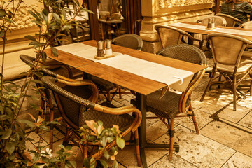 Restaurant outdoor terrace in city centre.Summer season. High quality photo