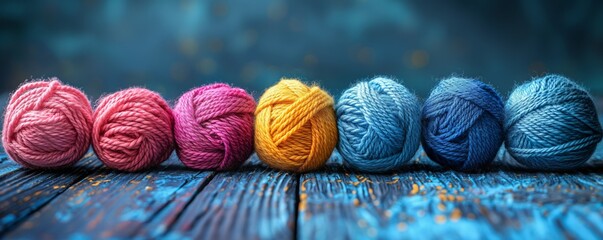 Row of colorful yarn balls on blue wood