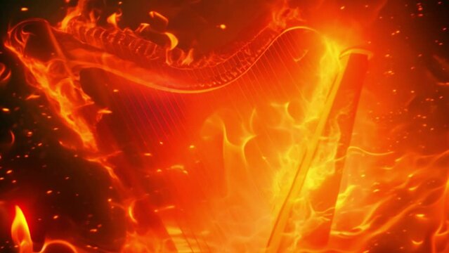 A harp enveloped in bright, orange flames burns intensely, with sparks flying and a dark background emphasizing the dramatic fire.