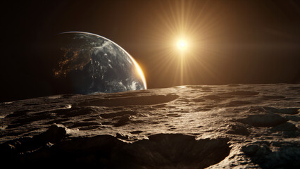View of the Earth from the surface of the moon with the sun