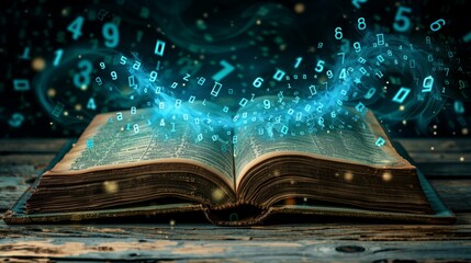 a surreal banner design with numbers flowing out of an open book, creating a wave-like pattern