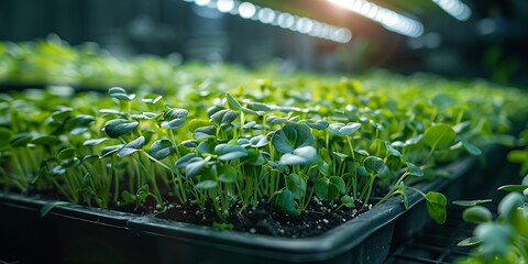 Close-up of young green sprouts growing in a tray under artificial lights. - Powered by Adobe