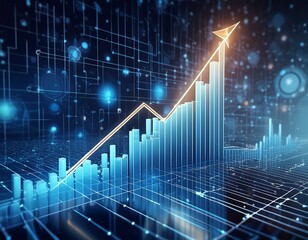 3D digital representation shows a rising bar chart with a luminous arrow indicating an upward trend against a futuristic background of electronic data networks and financial symbols