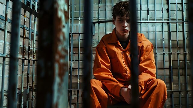 Teenage Male Prisoner In Orange Jumpsuit Locked Up Behind Bars (Generative AI)