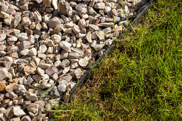 Corner of garden path. Gardening concept background. Lawn edge close up