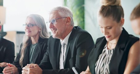 Business meeting, presentation or happy team with questions, opinion or ideas for improvement, planning or coaching. Conference, audience or investor group with review or feedback on proposal pitch