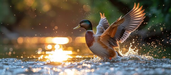 Duck landing on sunlit river