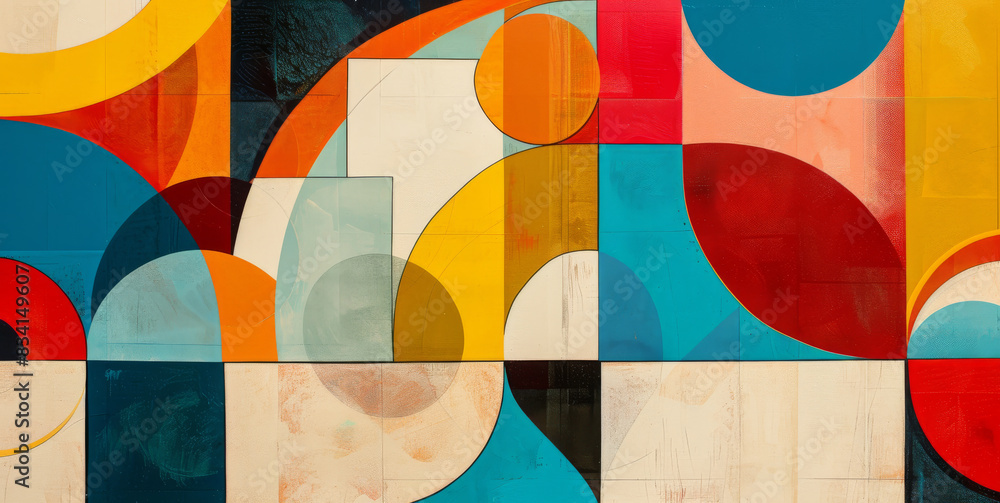 Poster colorful abstract geometric artwork with overlapping shapes on textured background in retro style