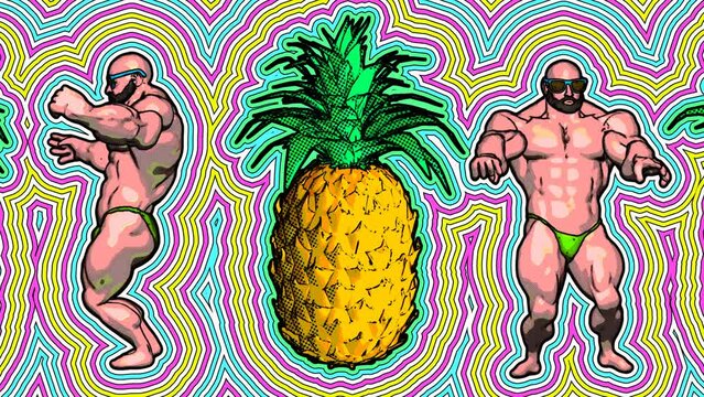 Seamless animation of bodybuilder dancing and pineapples.  Funny summer background cartoon hand drawn style with wave echo lines.