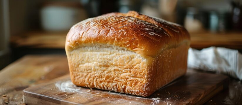 Freshly baked loaf of bread on wooden cutting board
