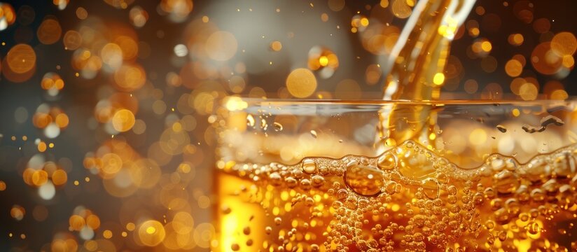 Pouring beer into a glass with golden bokeh