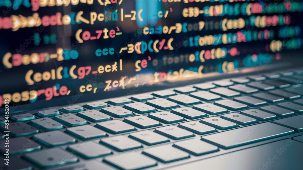 Poster a close up of a laptop keyboard with colorful coding on it, ai