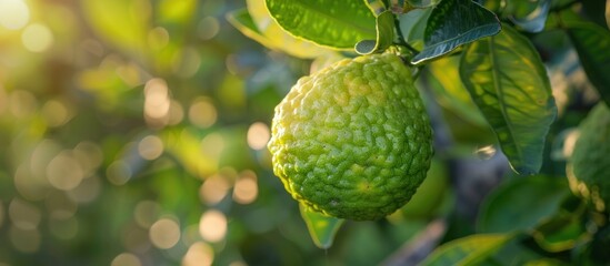 Ripe bergamot fruit hanging on branch in sunlight