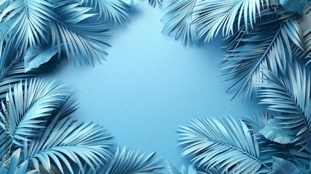 Poster creative banner mockup with abstract blue background and white palm branches frame visually appealin
