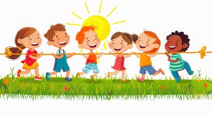 Happy children holding hands, playing together on a sunny day.