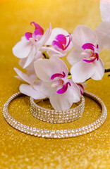 Bracelet and necklace on a gold shiny background