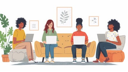 A group of diverse women sitting on a couch and working on their laptops.