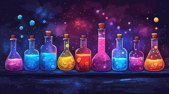pop art style banner with cartoon lab featuring bubbling test tubes and vibrant potions, depicting a science experiment theme