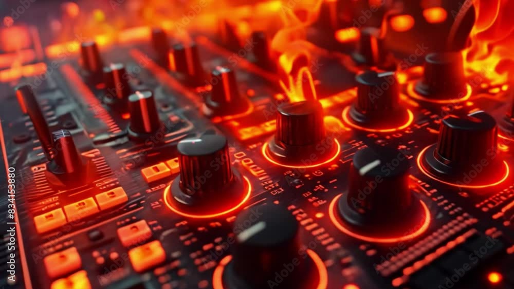 Poster detailed view of a sound board covered in numerous knobs and switches.