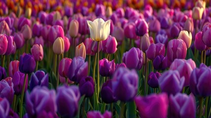 Obraz premium A single white tulip blooming amid a sea of purple and violet tulips in spring