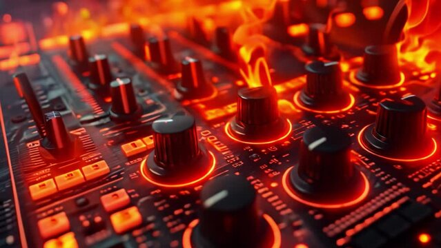 Detailed view of a sound board covered in numerous knobs and switches.