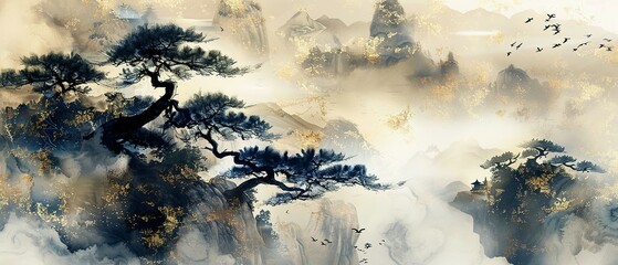 Panoramic Landscape Painting in the New Chinese Style, Embellished with Golden Brushstrokes and Ink Wash Techniques