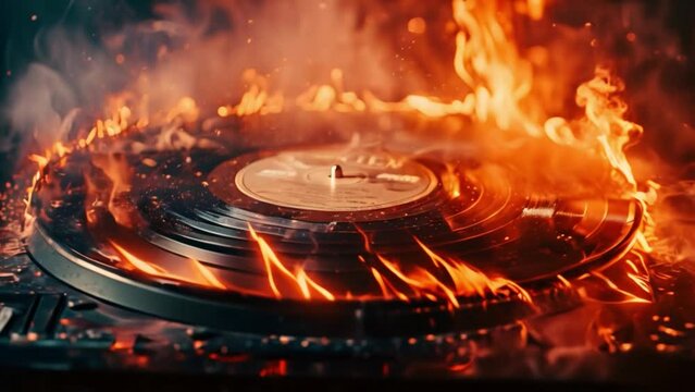 A record player ablaze with fire against a black background.