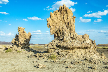 Limestone prehistoric chimneys rock formations, salt lake Abbe, Dikhil region, Djibouti