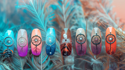 An artistic arrangement of nails with bohemian designs featuring feathers and dreamcatchers, bohemian nails, hd, with copy space