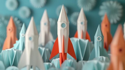 Standout lead rocket towering above other paper rockets, symbolizing success and leadership in the business world