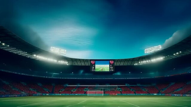 A panoramic view of an empty football stadium under floodlights at dusk. The stadium features red seating and a large screen. The sky is tinged with the colors of the setting sun, creating