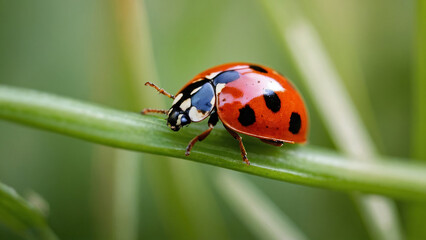 Ladybug on a leaf close up, with grass background blurred