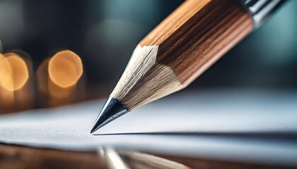 pencil nib writing on paper, capturing the precise moment of contact and the delicate details of graphite lines, symbolizing creativity, expression, and the power of the written word
