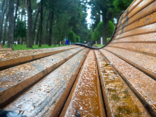 Concept of rain in the park. Wet bench close-up. Wooden bench after the rain.