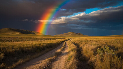 Obraz premium Beautiful rainbow stretching across the field after the rain, bright sky