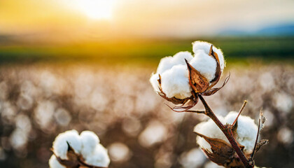 cotton field at golden hour, sunbeams casting a warm glow over white bolls, ready for harvest. Caption space on the side for text overlay. Serene agricultural landscape evokes purity and growth