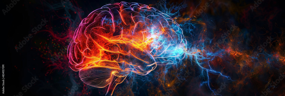 Aufkleber glowing neural network and brain activity visualization with electric energy in dark background