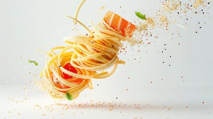 creative horizontal banner of floating pasta with seafood. Italian pasta with salmon and spices flying on white background. Italian cuisine restaurant menu, twisted spaghetti, levitating food
