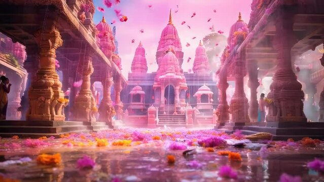 A vibrant scene at an Indian temple during a flower festival, with pink and orange petals scattered on the ground and floating in the air. The mood is festive and lively.