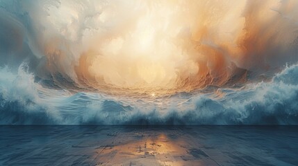abstract painting of stormy sky, soft and subtle colors, atmospheric, atmospheric light, wide angle, on empty floor in gallery space