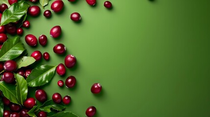 Fresh and sweet cranberries whith leaves on a green background. Top view and copy space